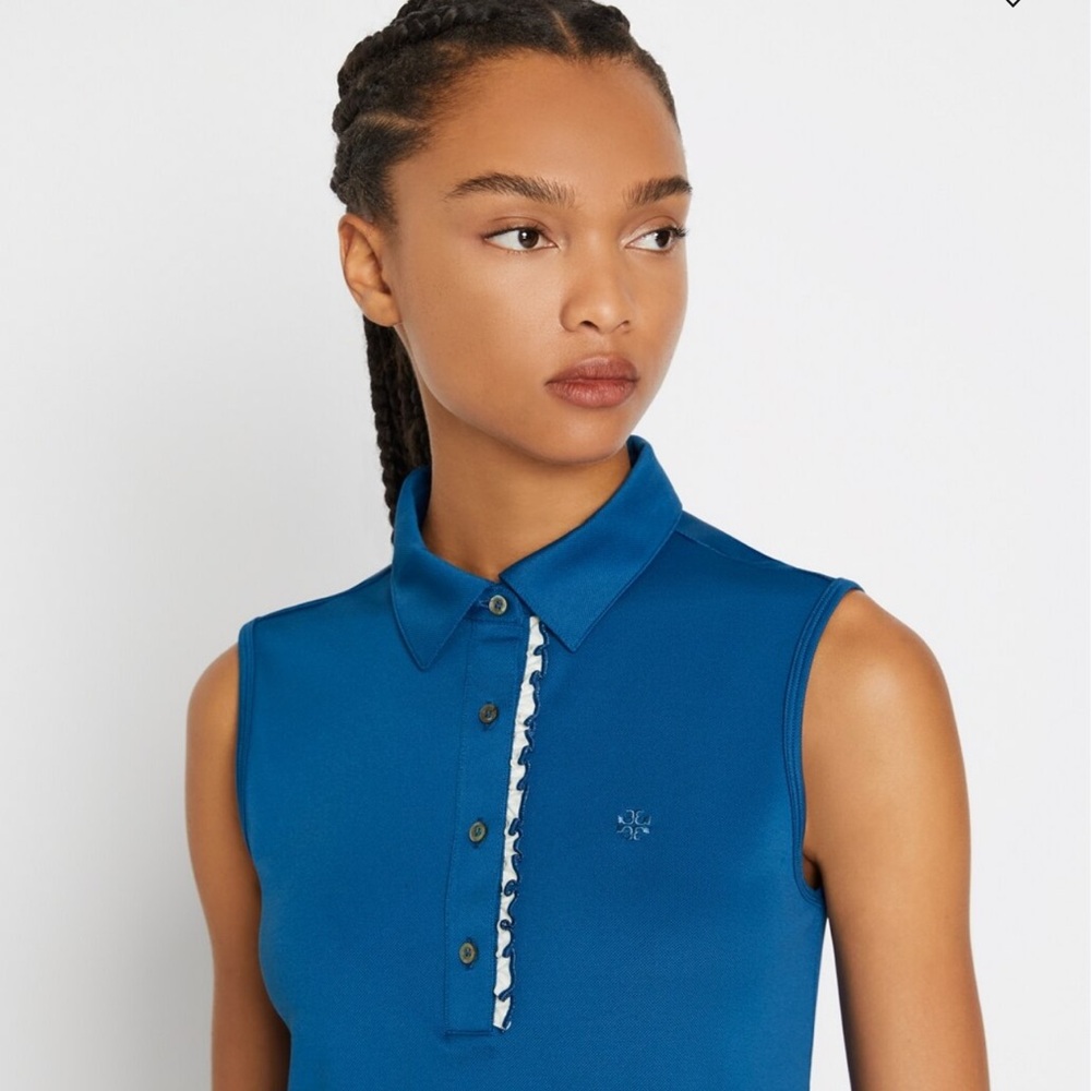 Tory Burch sport tech pique sleeveless ruffle golf tennis polo shirt - Picture 3 of 8